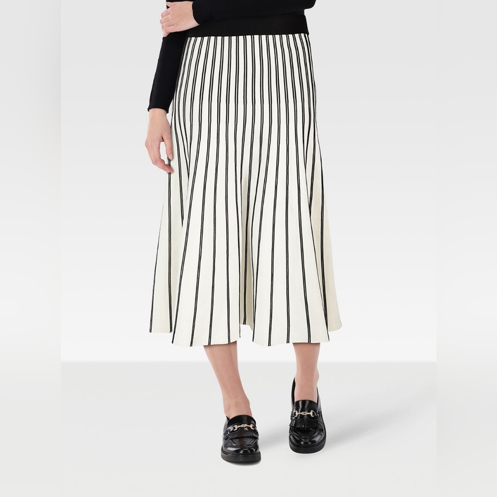 Maje Black and Cream Striped Flute Skirt